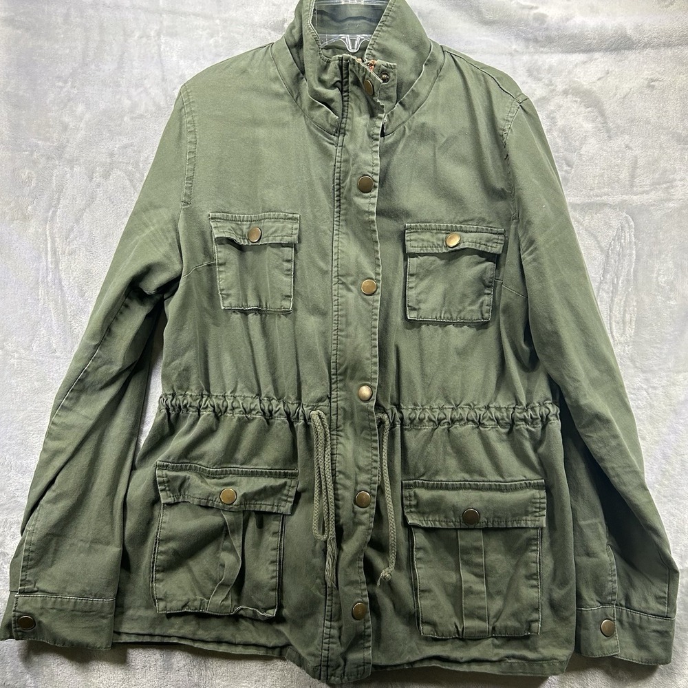 Market & Spruce Military Style Jacket w/Hood Cotton/Spandex Dark‎ Green Sz Large